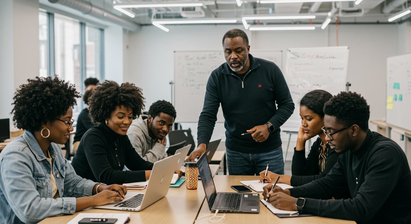 Students learning digital skills in a classroom